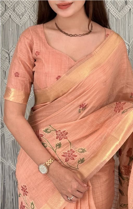 Monsoon Peacock Saree - linen cotton