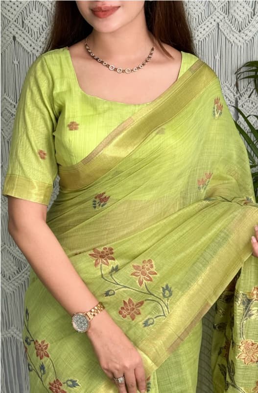 Monsoon Peacock Saree - linen cotton